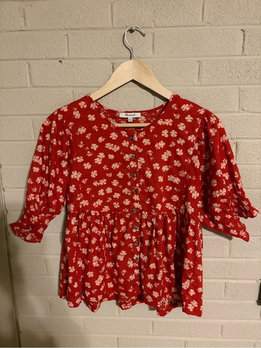 Madewell Red Floral Button-Front Peplum Tunic
